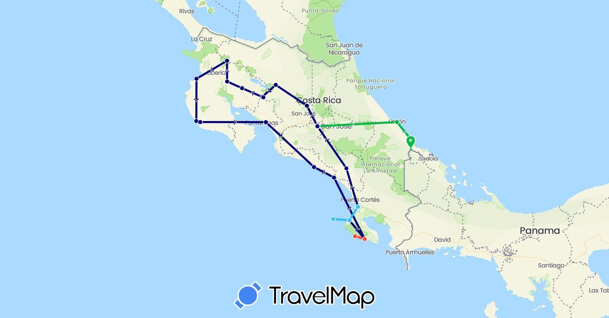 TravelMap itinerary: driving, bus, hiking, boat in Costa Rica (North America)
